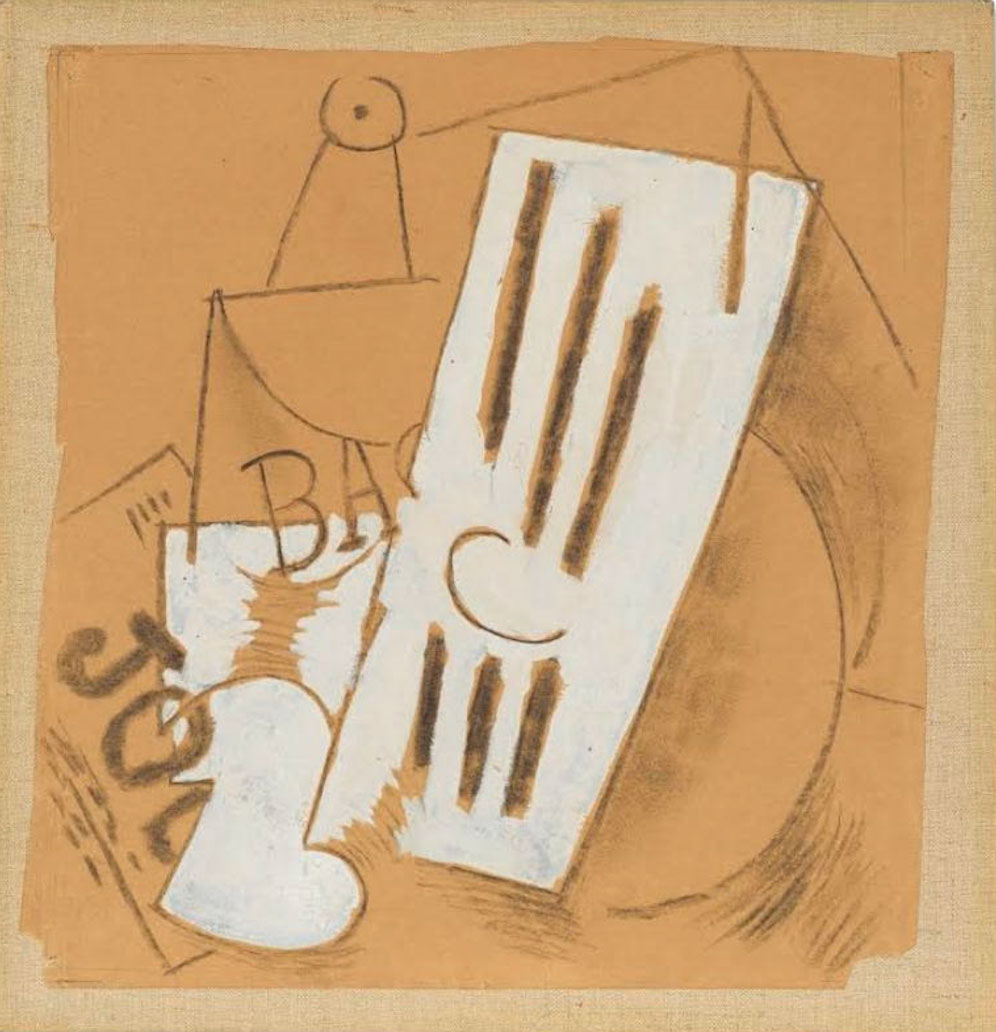 Journal, verre, bouteille de Bass, guitare (1914) de Pablo Picasso, stand de la galerie Traits noirs, Art Paris 2022 (©Guy Boyer).